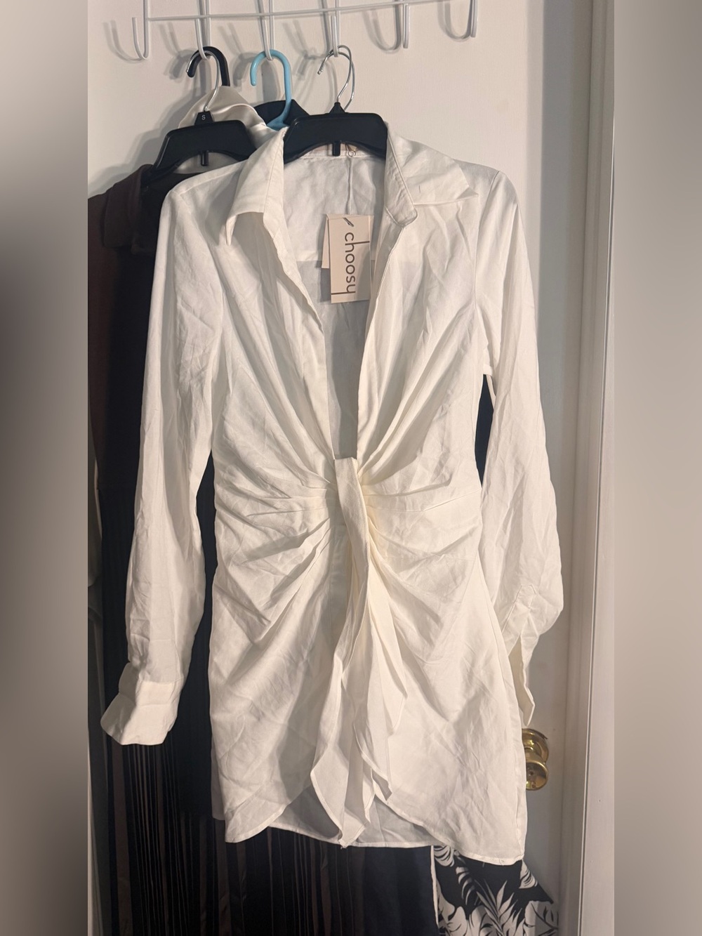 Choosy White Twist-Front Long Sleeve Shirt Dress NWT